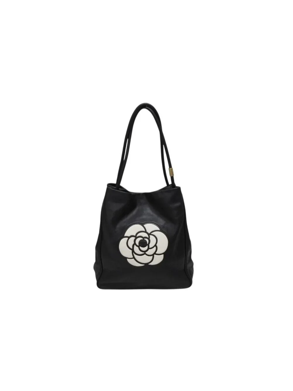 Chanel Camellia Logo Design Bag Black Leather Gold